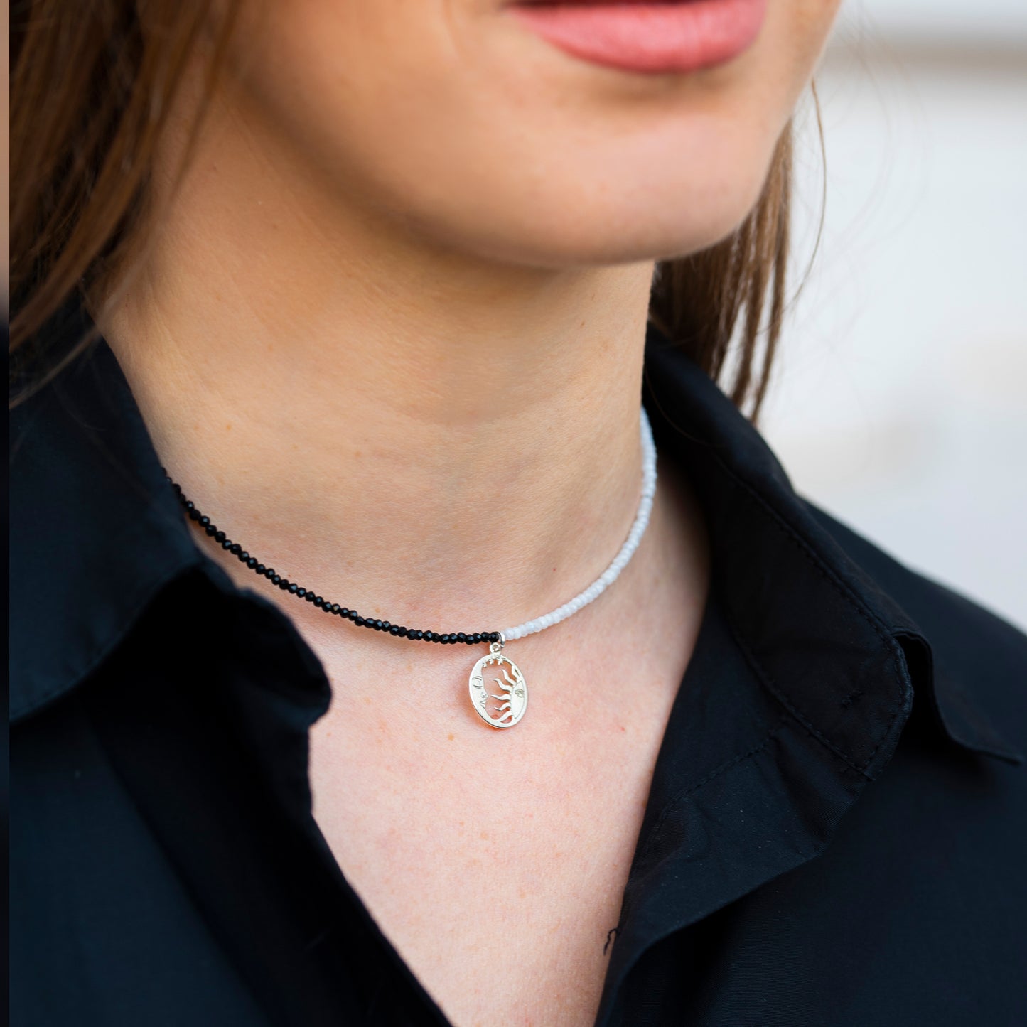 Balance & Protection - Piatra Lunii si Turmalina neagra - choker cu cristale naturale si argint
